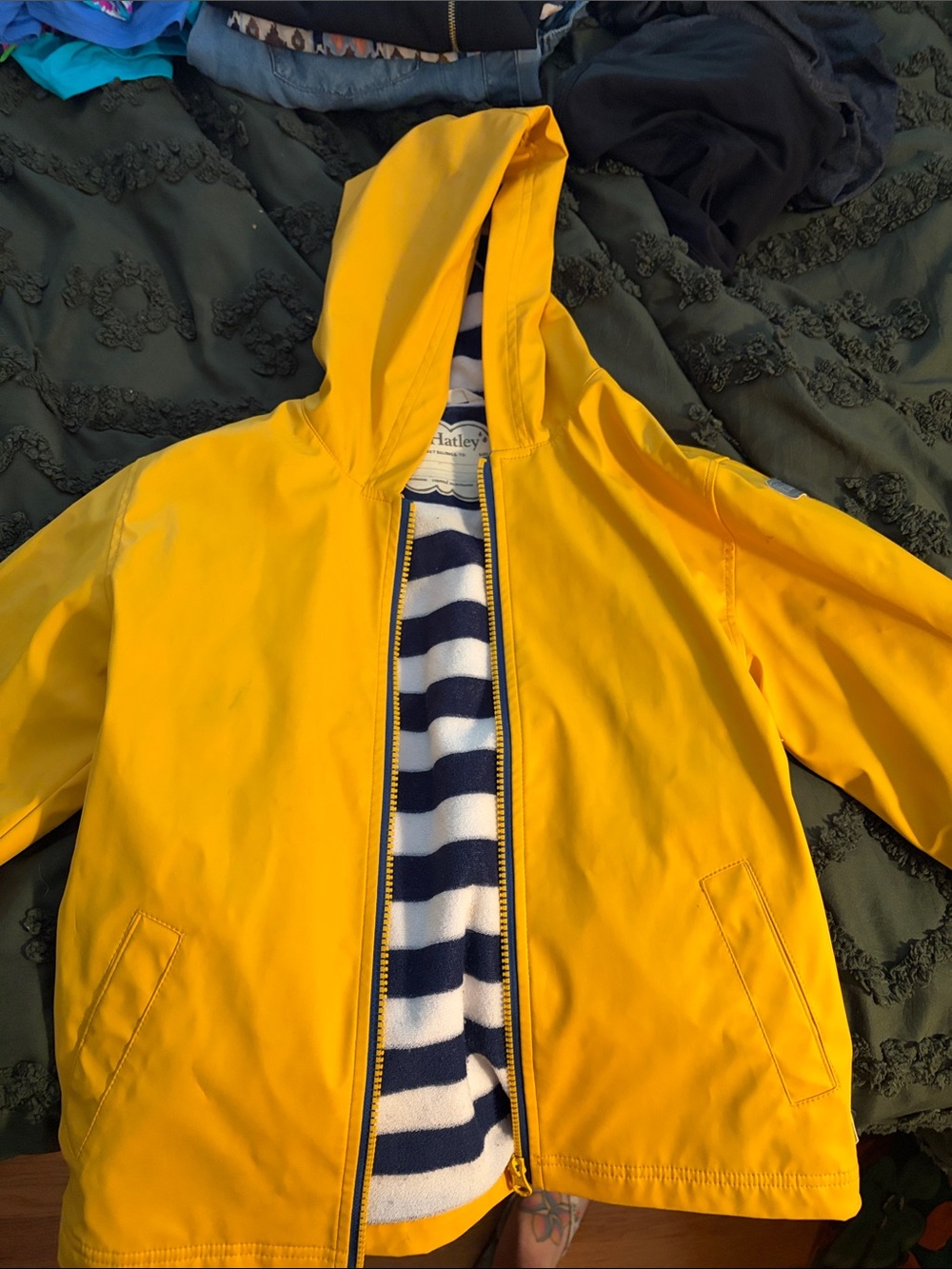 Hatley Yellow Hooded Raincoat with Navy & White Striped Lining